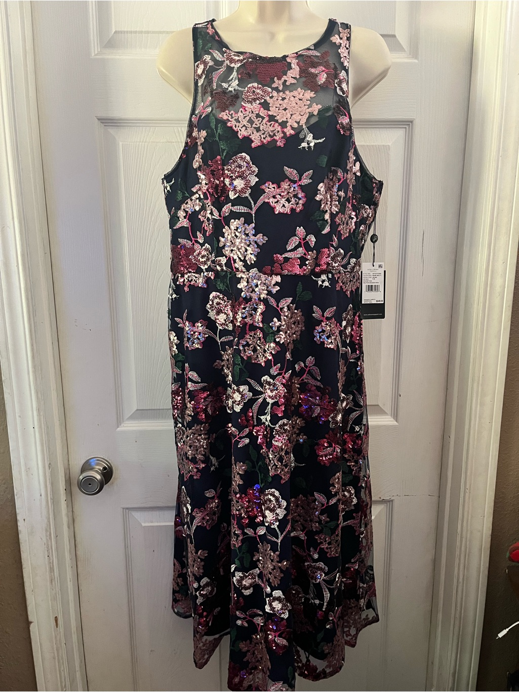 Adrianna Papell Navy Midi Dress With Pink Floral Sequins